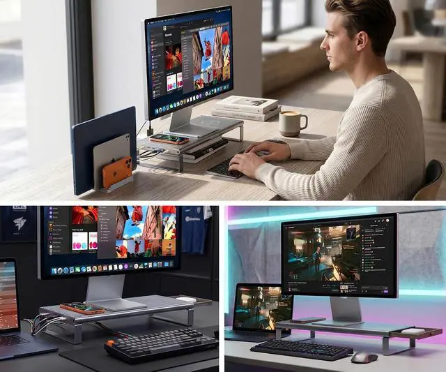 Alt view image 6 of 7 - YICOSUN Monitor Stand HUB - Aluminum Riser with 6-in-1 Docking Station: 4K HDMI, USB-C, USB 3.0, PD 100W, Wireless Charging, Drawer Organizer - Gray
