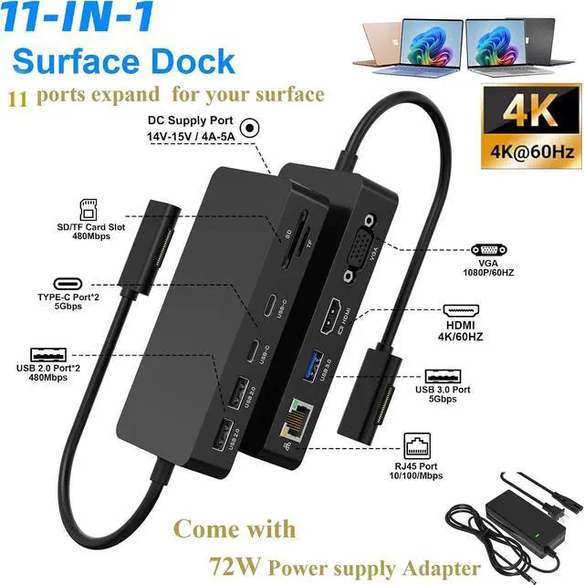 Alt view image 2 of 7 - Surface Pro Docking Station Dual Monitor 4K@60Hz HDMI+VGA, 11 in 1 Surface Dock 2 USB C Travel Surface Docking for MS Surface Pro 12/11/10/9/X/8/7/6/5/4/3,Surface Laptop 7-1, Surface Go/Book