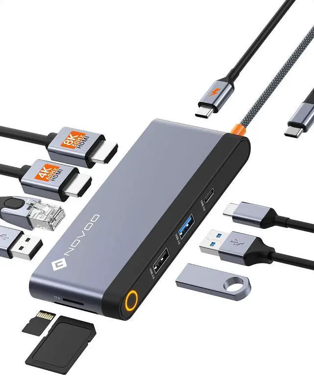 Main image of Novoo USB C Docking Station Dual HDMI Adapter, 10 in 1 Multi Display 8K with 2 HDMI, VGA, 100W PD, 3 USB, TF Card USB-C 3.0 Hub Multiport Dongle Compatible with MacBook/Dell/HP/Lenovo Surface Laptops
