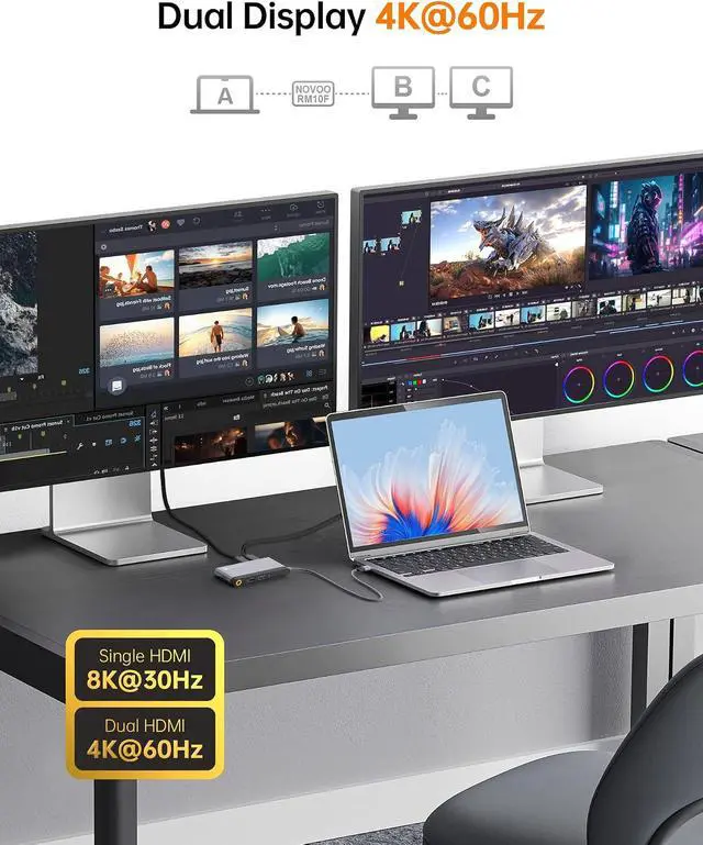 Alt view image 4 of 7 - Novoo USB C Docking Station Dual HDMI Adapter, 10 in 1 Multi Display 8K with 2 HDMI, VGA, 100W PD, 3 USB, TF Card USB-C 3.0 Hub Multiport Dongle Compatible with MacBook/Dell/HP/Lenovo Surface Laptops
