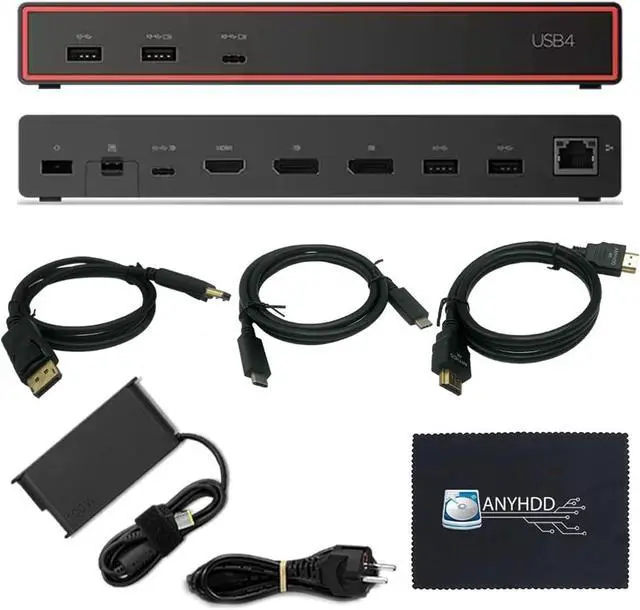 Main image of Lenovo 40BF0100US USB4 Docking Station for Laptops with 100W Adapter, HDMI, DisplayPort, USB C Cables & Cloth - Docking Station