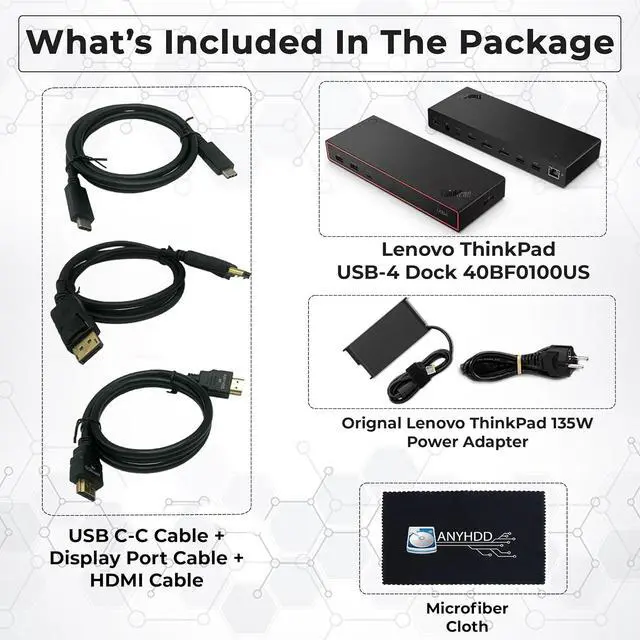 Alt view image 2 of 7 - Lenovo 40BF0100US USB4 Docking Station for Laptops with 100W Adapter, HDMI, DisplayPort, USB C Cables & Cloth - Docking Station