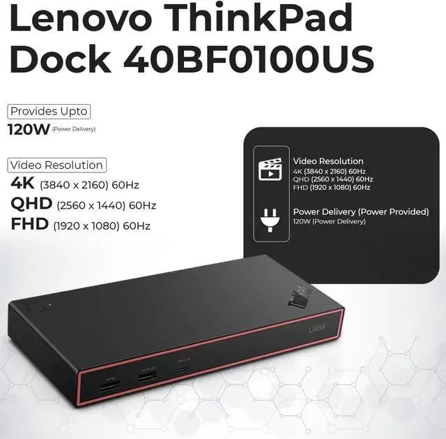 Alt view image 3 of 7 - Lenovo 40BF0100US USB4 Docking Station for Laptops with 100W Adapter, HDMI, DisplayPort, USB C Cables & Cloth - Docking Station