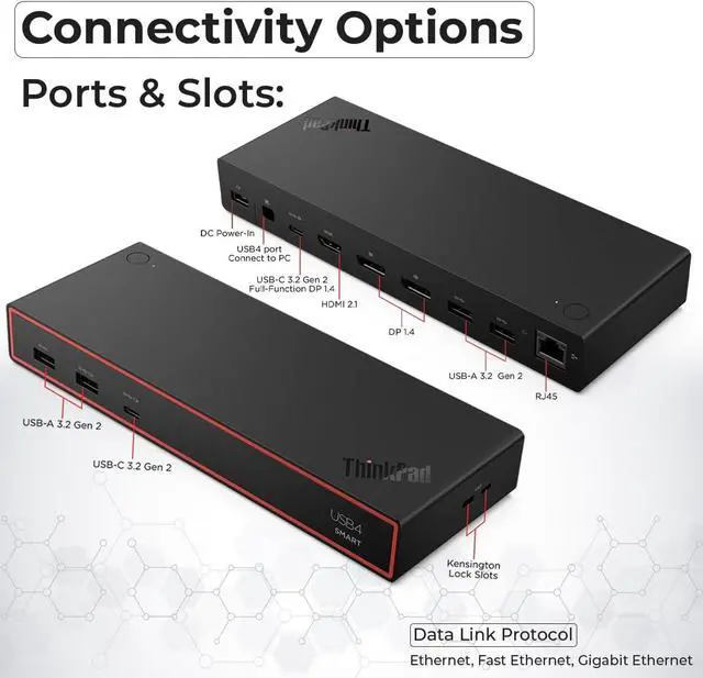 Alt view image 4 of 7 - Lenovo 40BF0100US USB4 Docking Station for Laptops with 100W Adapter, HDMI, DisplayPort, USB C Cables & Cloth - Docking Station