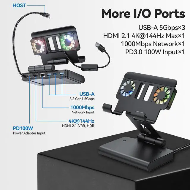 Alt view image 5 of 7 - ELUTENG 6-in-1 Steam Deck Docking Station Dual 6000RPM Cooling Fans PD100W HDMI 2.1 4K@144Hz HDR 10-Bit USB 3.1 Gen1 x3 Gigabit Ethernet Gaming Cooling Dock Hub for ROG Ally/MSI Claw/Switch 2