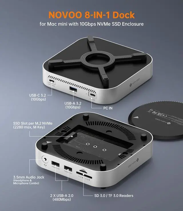 Alt view image 2 of 7 - NOVOO Mac mini M4 Hub & Stand with 8TB NVMe SSD Enclosure, Aluminum Mac mini M4 Dock for Mac mini M4 / M4 Pro, 10Gbps USB-C & USB-A, SD/TF, Audio, One-Click Boot, Enhanced Self-Cooling - Silver