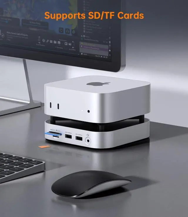 Alt view image 6 of 7 - NOVOO Mac mini M4 Hub & Stand with 8TB NVMe SSD Enclosure, Aluminum Mac mini M4 Dock for Mac mini M4 / M4 Pro, 10Gbps USB-C & USB-A, SD/TF, Audio, One-Click Boot, Enhanced Self-Cooling - Silver