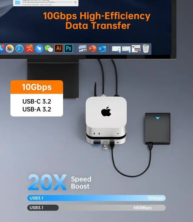 Alt view image 4 of 7 - NOVOO Mac mini M4 Hub & Stand with 8TB NVMe SSD Enclosure, Aluminum Mac mini M4 Dock for Mac mini M4 / M4 Pro, 10Gbps USB-C & USB-A, SD/TF, Audio, One-Click Boot, Enhanced Self-Cooling - Silver