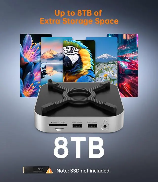 Alt view image 5 of 7 - NOVOO Mac mini M4 Hub & Stand with 8TB NVMe SSD Enclosure, Aluminum Mac mini M4 Dock for Mac mini M4 / M4 Pro, 10Gbps USB-C & USB-A, SD/TF, Audio, One-Click Boot, Enhanced Self-Cooling - Silver