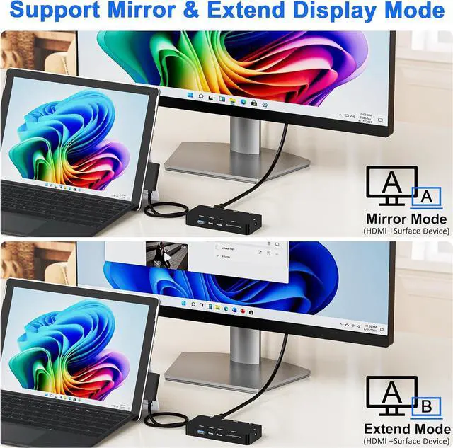 Alt view image 4 of 7 - 10 in 1 New Surface Dock, Triple Displays VGA + Dual 4k@30hz HDMI, Surface Docking Station for Surface Pro 11/10/9/8/X/7/6/5/4/3, Surface Laptop, Surface Laptop Go, Surface Go Dock, Surface Book