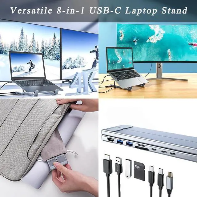 Alt view image 2 of 7 - 8-in-1 USB C Laptop Docking Station Stand with 4K HDMI, 100W PD, Dual USB 3.0, SD/TF Card Reader, Foldable Aluminum Laptop Stand Hub for USB-C Laptops (Upgraded 8-in-1 * 1PC)