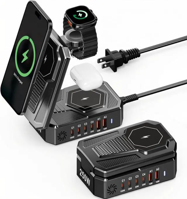 Main image of 9-in-1 Magnetic Charging Station Foldable - 250W Hub with 100W USB-C for Laptops, 3-in-1 Wireless Dock for Phones/Watches/Earbuds