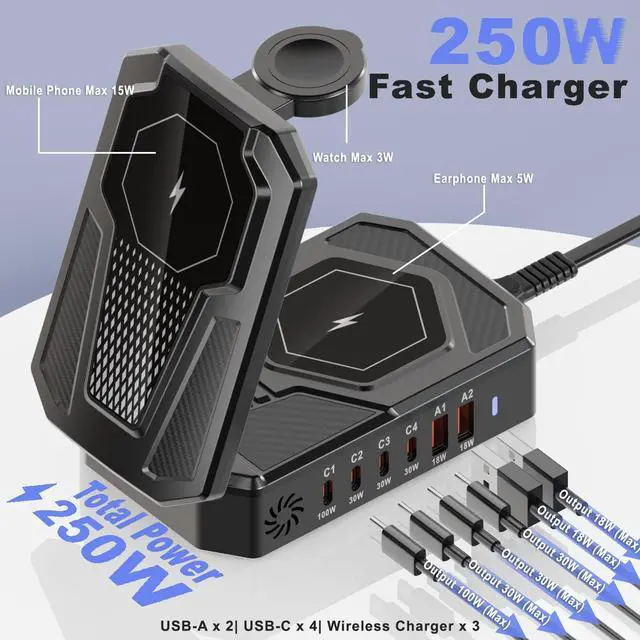 Alt view image 4 of 6 - 9-in-1 Magnetic Charging Station Foldable - 250W Hub with 100W USB-C for Laptops, 3-in-1 Wireless Dock for Phones/Watches/Earbuds