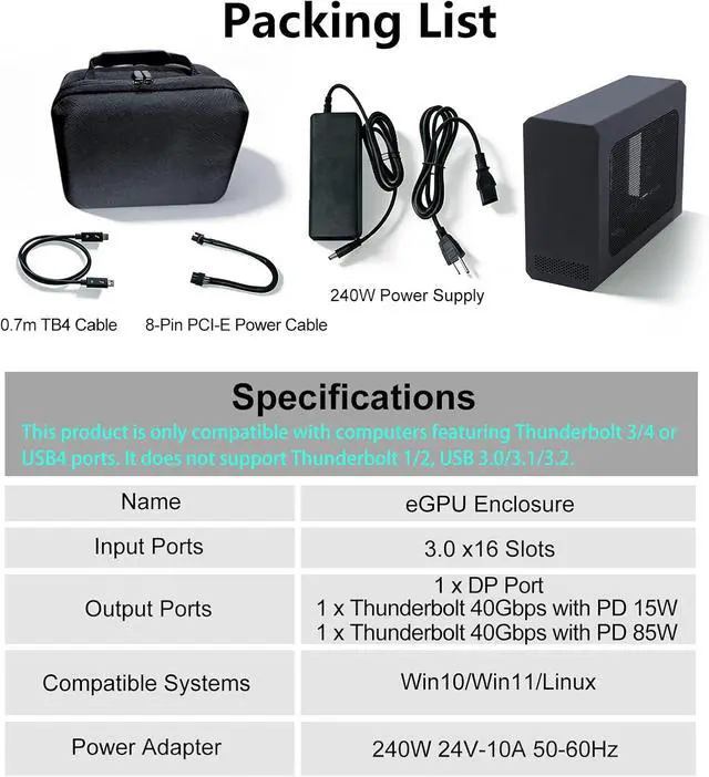 Alt view image 6 of 7 - Compact eGPU Enclosure - Compatible with Thunderbolt 3/4 USB4 40Gbps External GPU Dock Station for Laptops and Gaming Handheld with 240W Power Supply, Full Aluminum Chassis, NVIDIA/AMD PCIe Support