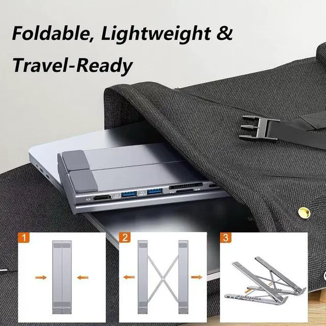 Alt view image 3 of 6 - 8-in-1 USB-C Laptop Docking Station Stand, Foldable Laptop Stand with Docking Station, Adjustable Computer Holder, Ergonomic Universal Laptop Holder,Silver