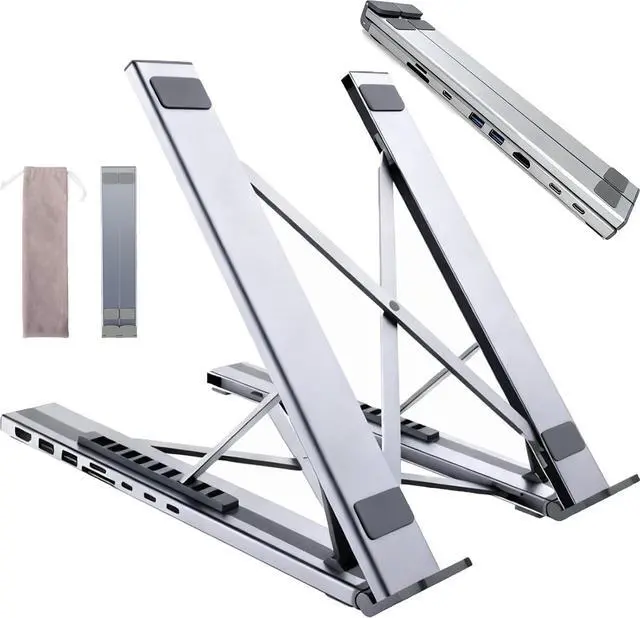 Main image of 8-in-1 USB-C Laptop Docking Station Stand, Foldable Laptop Stand with Docking Station, Adjustable Computer Holder, Ergonomic Universal Laptop Holder,Silver