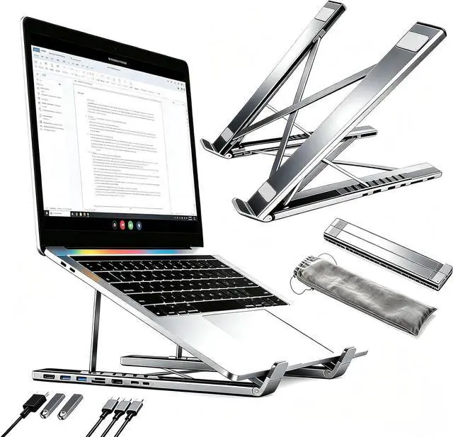 Main image of 8-in-1 USB-c Laptop Docking Station Stand, Dual Bar Ergonomic Laptop Riser with 4k Hdmi, 100w Pd Charging, USB 3.0, Sd/tf Card Reader, Foldable Aluminum Laptop Stand for Home Office Travel