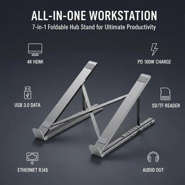 Alt view image 2 of 7 - 8-in-1 USB-c Laptop Docking Station Stand, Dual Bar Ergonomic Laptop Riser with 4k Hdmi, 100w Pd Charging, USB 3.0, Sd/tf Card Reader, Foldable Aluminum Laptop Stand for Home Office Travel