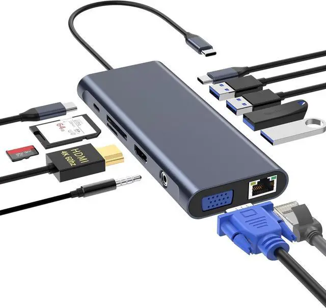 Main image of USB C Docking Station Hub (12 -in-1) with 4K 60HZ HDMI, Ethernet, VGA,Audio, USB3.0 TF/SD Dongle Docking Station Compatible for MacBook iPad Pro Dell Hp Lenovo