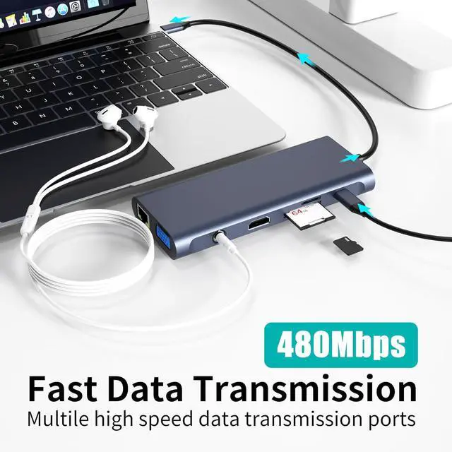 Alt view image 7 of 7 - USB C Docking Station Hub (12 -in-1) with 4K 60HZ HDMI, Ethernet, VGA,Audio, USB3.0 TF/SD Dongle Docking Station Compatible for MacBook iPad Pro Dell Hp Lenovo