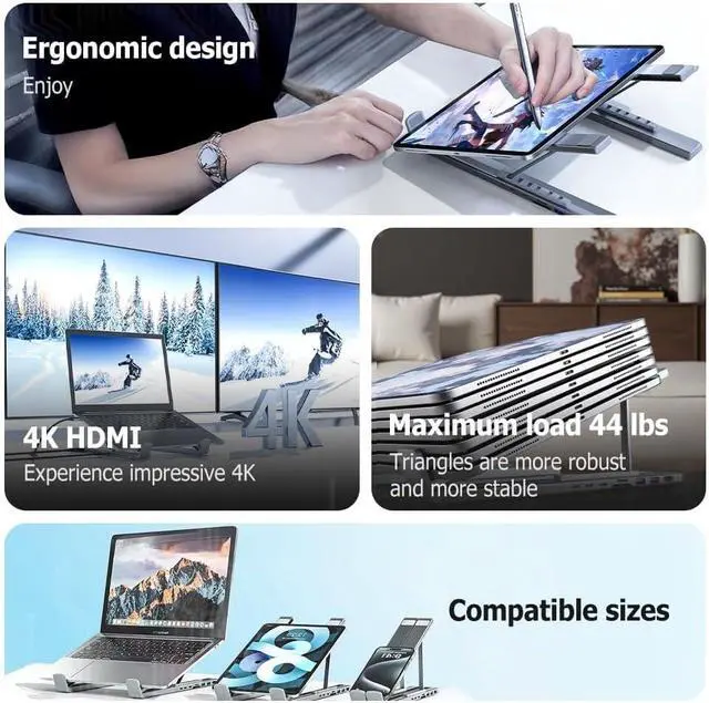 Alt view image 4 of 7 - 2026 New 8-in-1 USB-C Laptop Stand & Docking Station - 4K HDMI, 2X USB-A 3.0, 2X USB-C, 100W PD Input, SD/TF Card Reader - Universal for Office & Home
