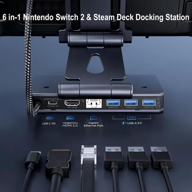 Alt view image 2 of 7 - 6-in-1 Docking Station for Nintendo Switch 2 & Steam Deck - 4K@60Hz HDMI, 100W PD Fast Charge, 3xUSB 3.0 Ports, 1Gb Ethernet - Aluminum Alloy Adjustable Stand for Switch 2/OLED/Steam Deck/Legion Go