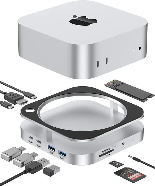 Main image of YICOSUN Mac mini Dock & Stand, M.2 NVMe SSD Enclosure with 10Gbps Data Transfer, 4K@60Hz HDMI, SD/TF Card Reader, Compatible with Mac mini M4/M4 Pro 2024, Multi-Screen Workstation Expansion - Silver
