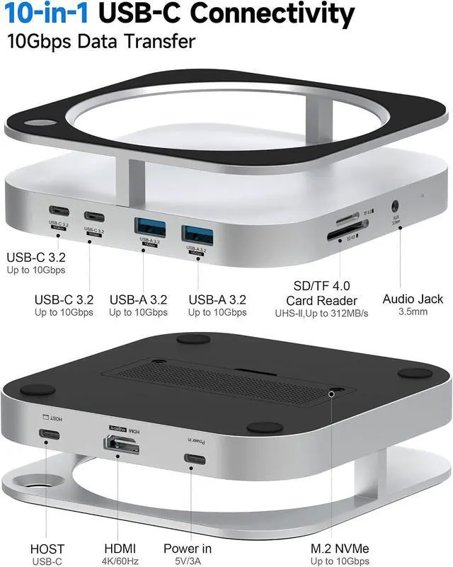 Alt view image 2 of 7 - YICOSUN Mac mini Dock & Stand, M.2 NVMe SSD Enclosure with 10Gbps Data Transfer, 4K@60Hz HDMI, SD/TF Card Reader, Compatible with Mac mini M4/M4 Pro 2024, Multi-Screen Workstation Expansion - Silver