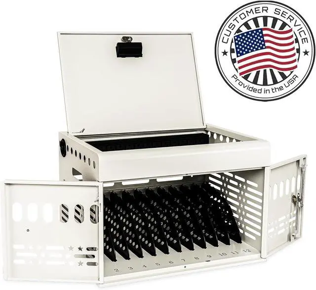 Alt view image 2 of 7 - 12 Device Portable Charging Station for Tablets, iPads, Chromebooks, and Laptop Computers with Lock, Surge Protection, for Classroom or Office (White)