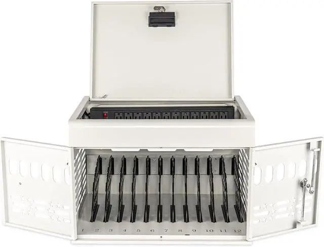 Alt view image 4 of 7 - 12 Device Portable Charging Station for Tablets, iPads, Chromebooks, and Laptop Computers with Lock, Surge Protection, for Classroom or Office (White)