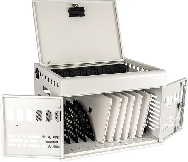 Alt view image 3 of 7 - 12 Device Portable Charging Station for Tablets, iPads, Chromebooks, and Laptop Computers with Lock, Surge Protection, for Classroom or Office (White)