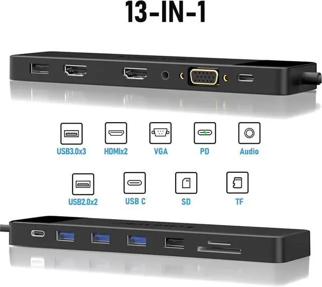 Alt view image 2 of 6 - USB C HUB 13-in-1 Docking Station 4K30Hz HDMI USB3.0 PD100W RJ45 VGA SDTF USB Splitter for Laptop