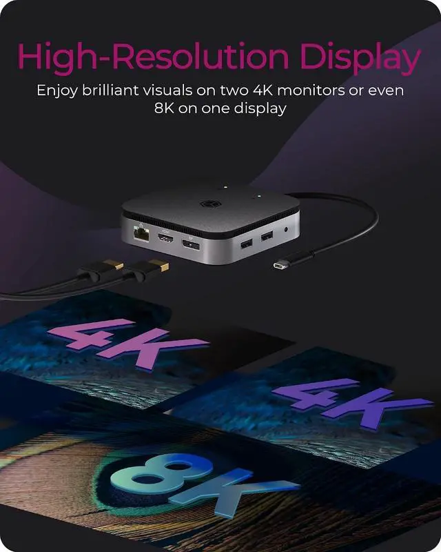 Alt view image 3 of 7 - ICY BOX USB4 Docking Station (7-in-1) for 2 monitors (1x HDMI and 1x DP), 4K 120Hz / 8K 30Hz, 3x USB 3.1 Gen 2 (10 Gbps), 60W Power Delivery, Gigabit Ethernet, Audio, IB-DK408-C41
