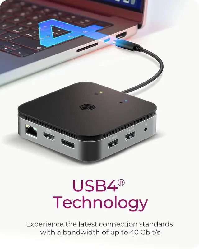 Alt view image 4 of 7 - ICY BOX USB4 Docking Station (7-in-1) for 2 monitors (1x HDMI and 1x DP), 4K 120Hz / 8K 30Hz, 3x USB 3.1 Gen 2 (10 Gbps), 60W Power Delivery, Gigabit Ethernet, Audio, IB-DK408-C41