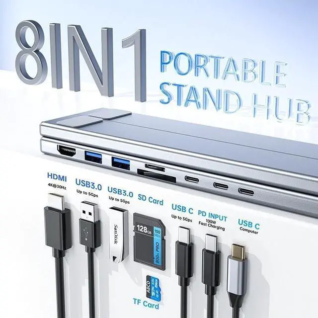 Alt view image 2 of 7 - 8-in-1 USB C Laptop Docking Station Stand,Ergonomic Adjustable Laptop Riser with 4K HDMI,PD Fast Charging,Foldable Portable Aluminum Laptop Stand Docking Station for Home,Office&Travel (2 PCS)