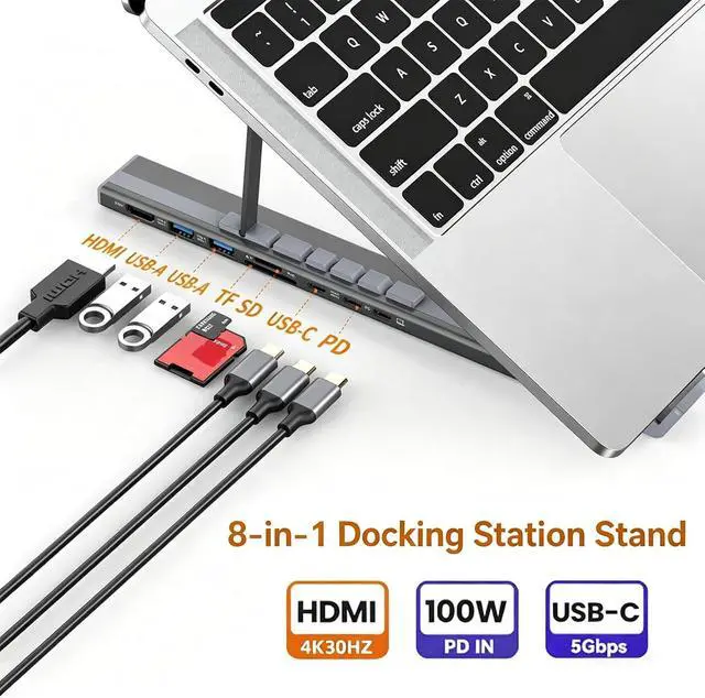 Alt view image 4 of 7 - 8-in-1 USB C Laptop Docking Station Stand,Ergonomic Adjustable Laptop Riser with 4K HDMI,PD Fast Charging,Foldable Portable Aluminum Laptop Stand Docking Station for Home,Office&Travel (2 PCS)