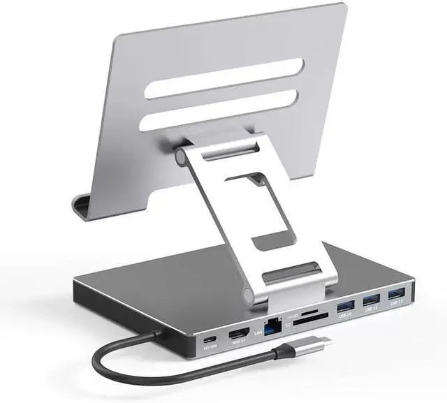 Alt view image 2 of 7 - Aluminum Alloy USB-C Laptop Stand Docking Station, 9-in-1 Multiport Hub with 4K HDMI, PD100W, USB 3.0, SD/TF, Gigabit Ethernet, Gray