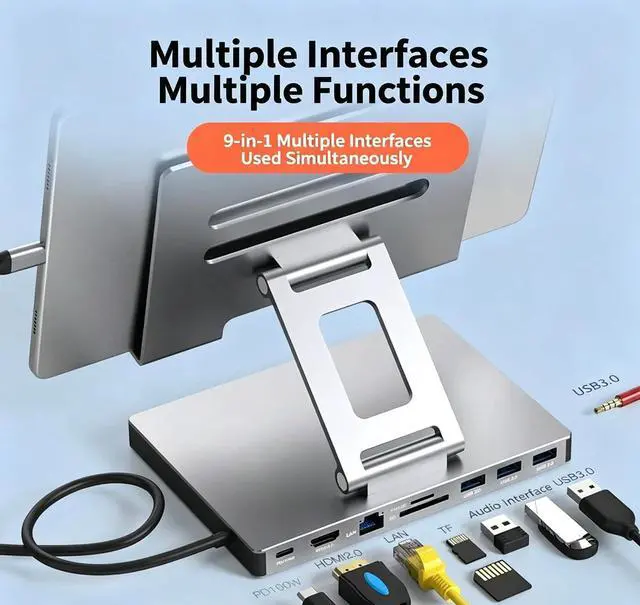 Alt view image 3 of 7 - Aluminum Alloy USB-C Laptop Stand Docking Station, 9-in-1 Multiport Hub with 4K HDMI, PD100W, USB 3.0, SD/TF, Gigabit Ethernet, Gray