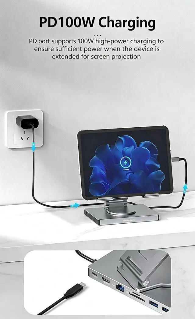 Alt view image 5 of 7 - Aluminum Alloy USB-C Laptop Stand Docking Station, 9-in-1 Multiport Hub with 4K HDMI, PD100W, USB 3.0, SD/TF, Gigabit Ethernet, Gray