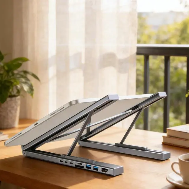 Alt view image 3 of 7 - Genérico Laptop Stand with Docking Station | 8 in 1 Hub with Portable Stand | Data Transfer to 5Gbps, Foldable Riser with USB Ports - for Desk,