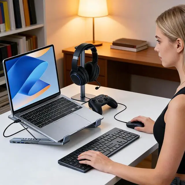 Alt view image 2 of 7 - Genérico Laptop Stand with Docking Station | 8 in 1 Hub with Portable Stand | Data Transfer to 5Gbps, Foldable Riser with USB Ports - for Desk,