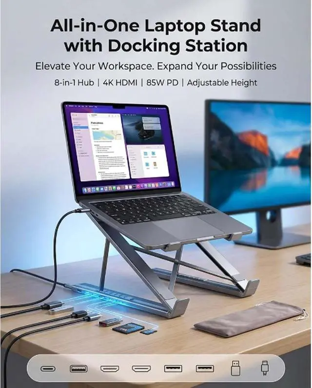 Alt view image 3 of 7 - 8-in-1 USB C Laptop Docking Station Stand, Laptop Stand with Docking Station, Foldable Computer Riser with 4K HDMI & Multiple Ports, for Home Office & Desk (9 in 1 Dual Arm)