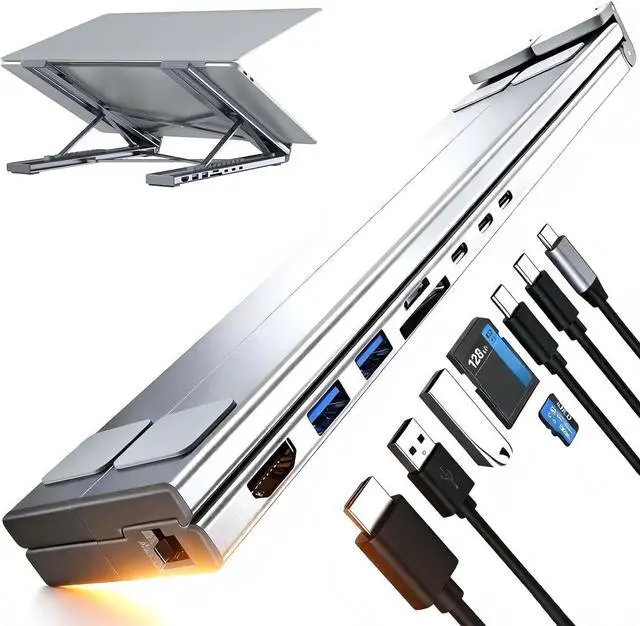 Main image of 8-in-1 USB C Laptop Docking Station Stand, Laptop Stand with Docking Station, Foldable Computer Riser with 4K HDMI & Multiple Ports, for Home Office & Desk (9 in 1 Dual Arm)