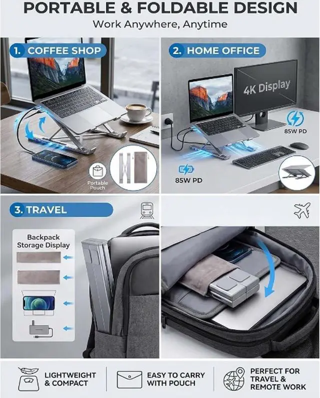 Alt view image 6 of 7 - 8-in-1 USB C Laptop Docking Station Stand, Laptop Stand with Docking Station, Foldable Computer Riser with 4K HDMI & Multiple Ports, for Home Office & Desk (9 in 1 Dual Arm)