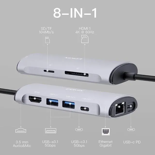 Alt view image 2 of 7 - 8 en 1 USB C Laptop Docking Station MacBook Adapter Multiport USB C Hub HDMI, 3 x USB 3.1, 100W PD, RJ45, SD/TF para HP, MacBook Air/Pro, DELL XPS