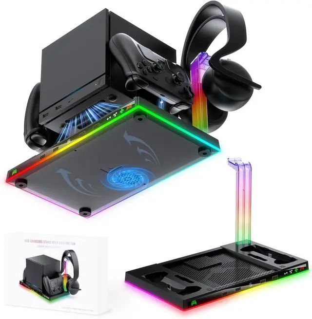 Alt view image 3 of 7 - Charging Stand Compatible with Steam Machine, RGB Cooling Station with Controller Charger, Headset Holder, 4 USB Ports for Gaming Setup