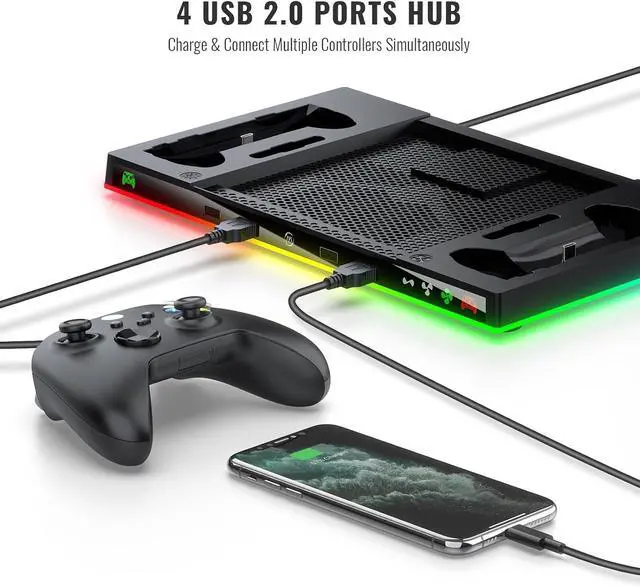 Alt view image 4 of 7 - Charging Stand Compatible with Steam Machine, RGB Cooling Station with Controller Charger, Headset Holder, 4 USB Ports for Gaming Setup