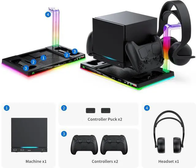 Alt view image 5 of 7 - Charging Stand Compatible with Steam Machine, RGB Cooling Station with Controller Charger, Headset Holder, 4 USB Ports for Gaming Setup