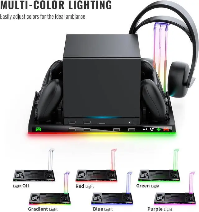 Alt view image 6 of 7 - Charging Stand Compatible with Steam Machine, RGB Cooling Station with Controller Charger, Headset Holder, 4 USB Ports for Gaming Setup