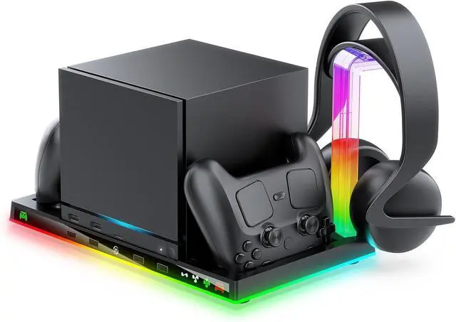 Alt view image 7 of 7 - Charging Stand Compatible with Steam Machine, RGB Cooling Station with Controller Charger, Headset Holder, 4 USB Ports for Gaming Setup